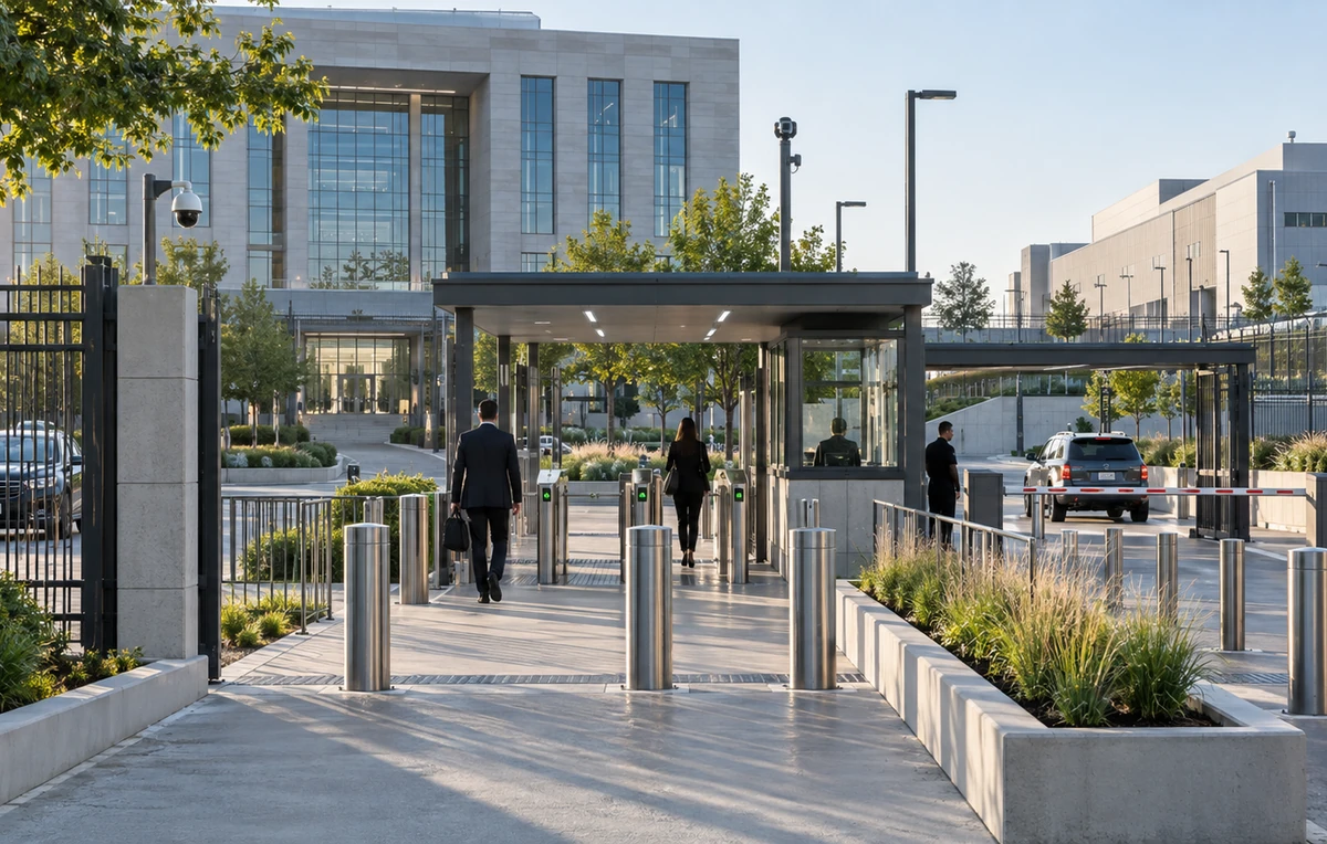 High security government facility entrance with controlled pedestrian and vehicle access