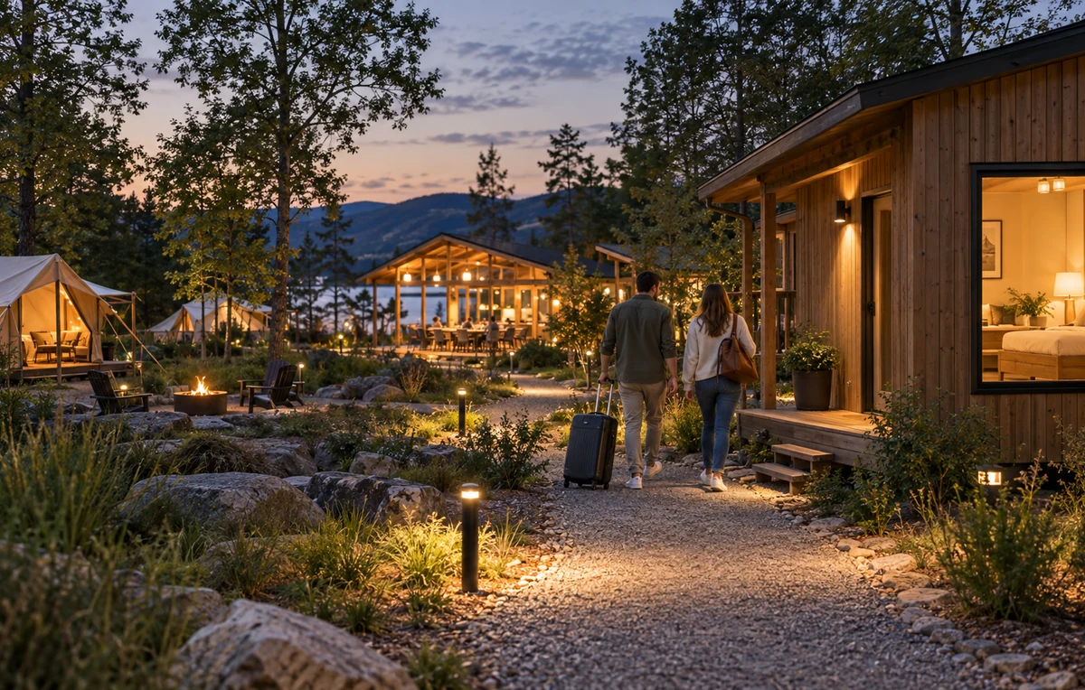 Guests arriving at an eco-resort with illuminated cabin paths and shared campsite facilities