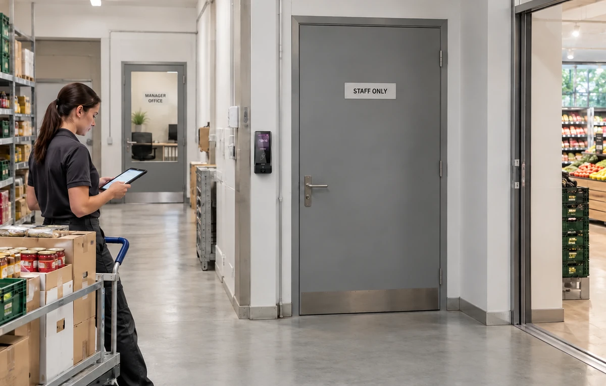 Retail employee beside a stockroom trolley and staff-only entrance in a supermarket