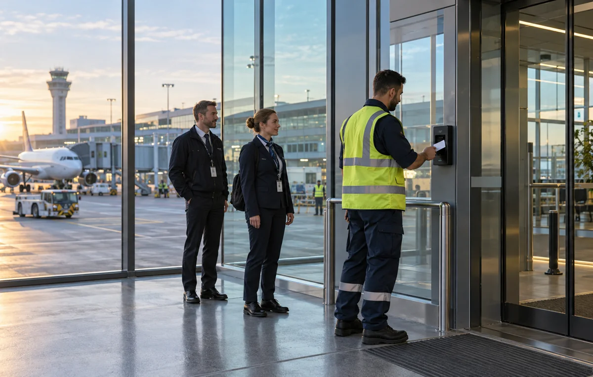 Airport employees recording staff time attendance at a terminal entrance