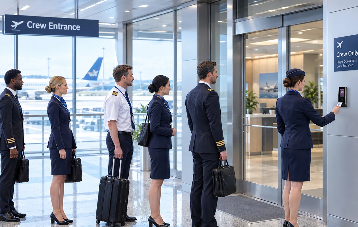 Airport employees recording staff time attendance at a terminal entrance