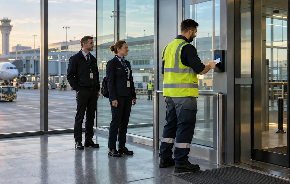 Airport employees recording staff time attendance at a terminal entrance