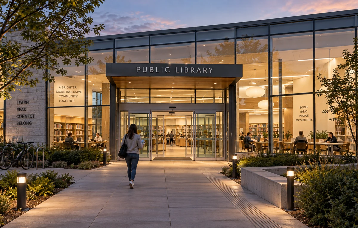 Reader approaching the glass entrance of a public library at dusk