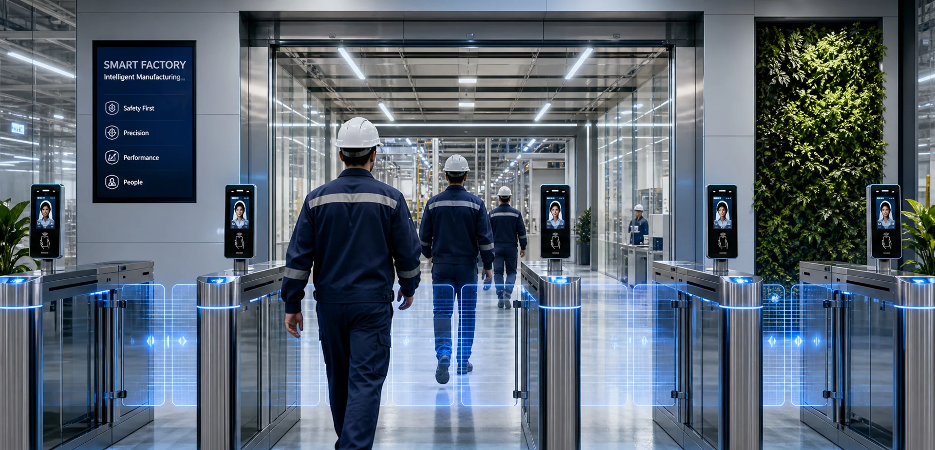Touchless facial recognition time attendance turnstile system deployed in a modern smart factory. Touchless facial recognition time attendance turnstile system deployed in a modern smart factory.