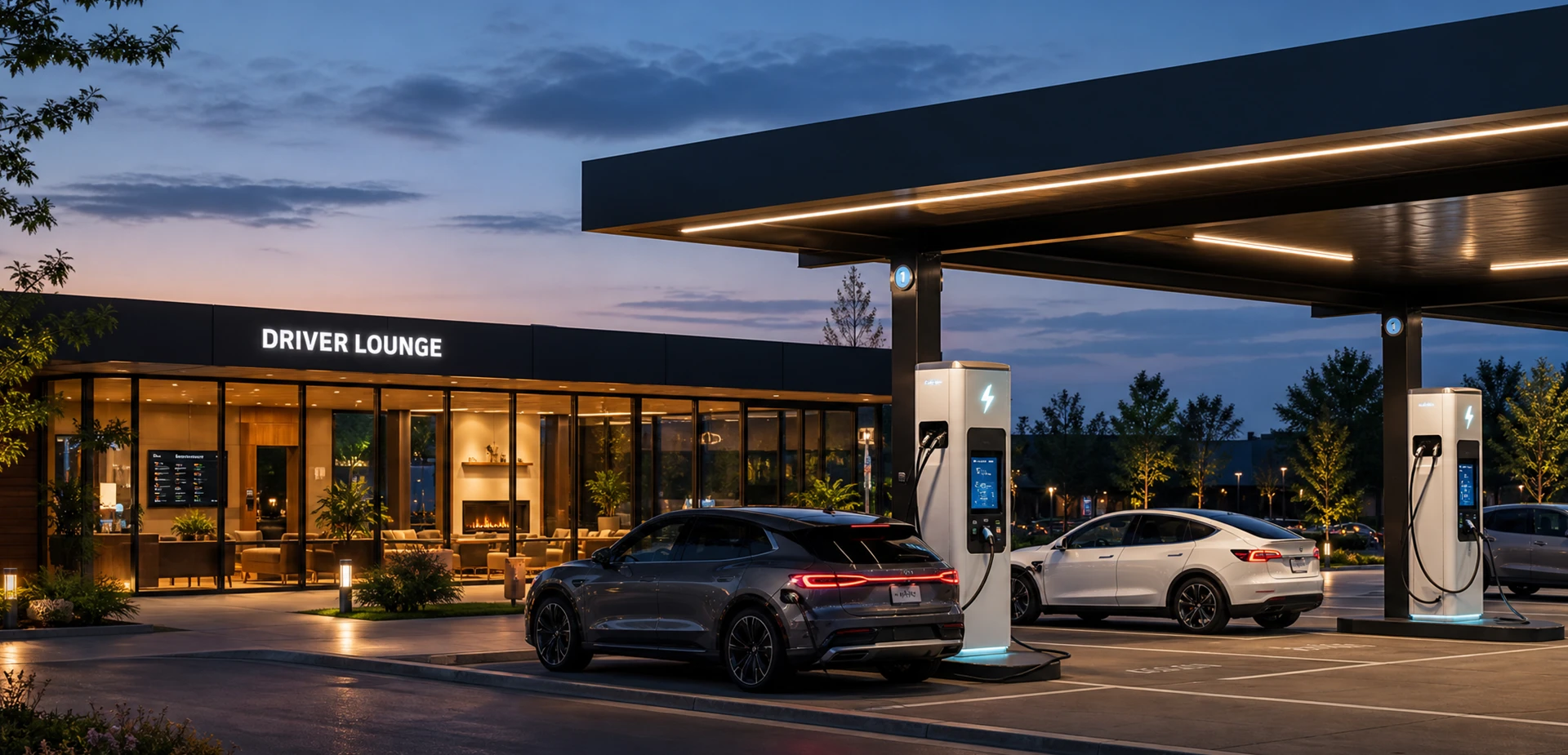 Modern EV charging station with a secure, illuminated driver rest lounge. Modern EV charging station with a secure, illuminated driver rest lounge.