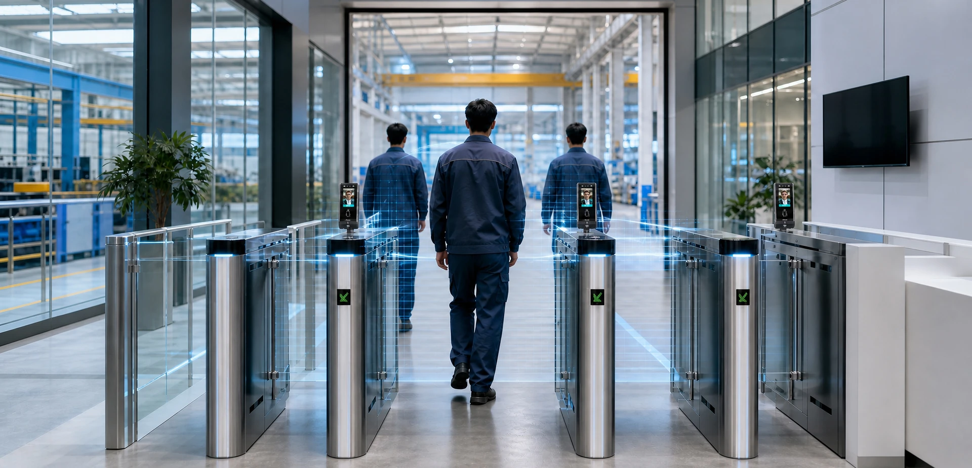 Touchless facial recognition time attendance turnstile system deployed in a modern smart factory. Touchless facial recognition time attendance turnstile system deployed in a modern smart factory.