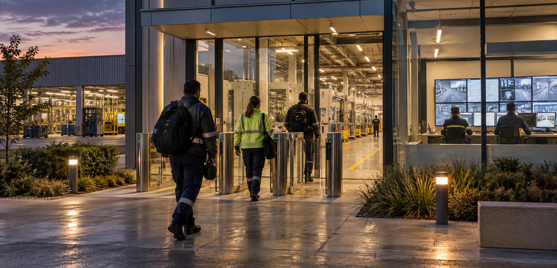 09-11-Unattended-Access-Control-Systems-content Authorized workers using unattended access control at a factory entrance after hours