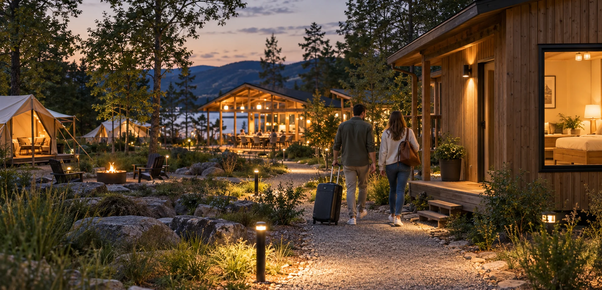 Guests arriving at an eco-resort with illuminated cabin paths and shared campsite facilities