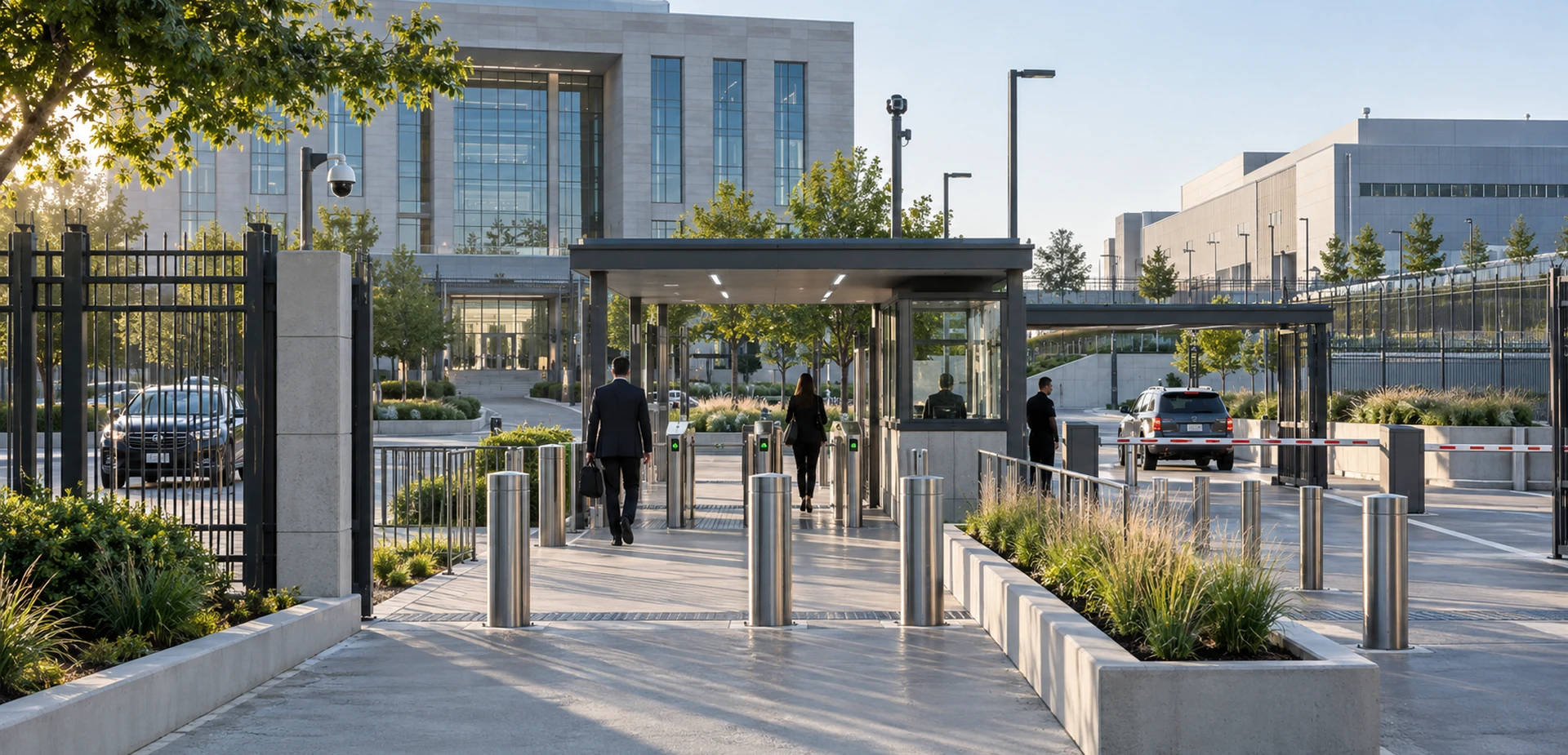 High security government facility entrance with controlled pedestrian and vehicle access High security government facility entrance with controlled pedestrian and vehicle access