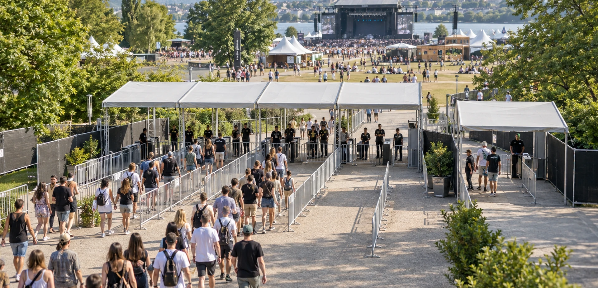 Multi-entrance outdoor festival with separate admission lanes and pedestrian barriers