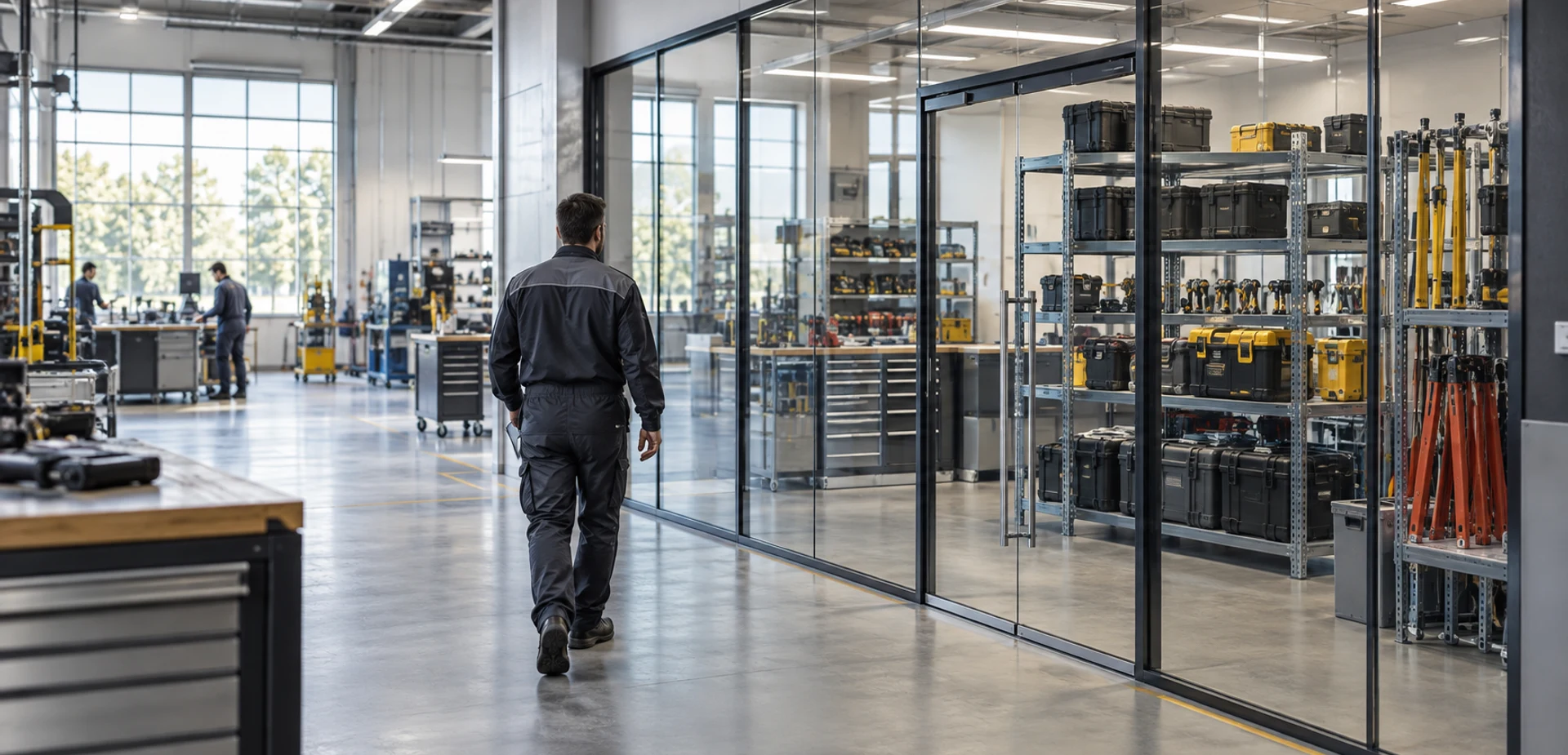 Authorized technician approaching a secured equipment storage room in an industrial facility
