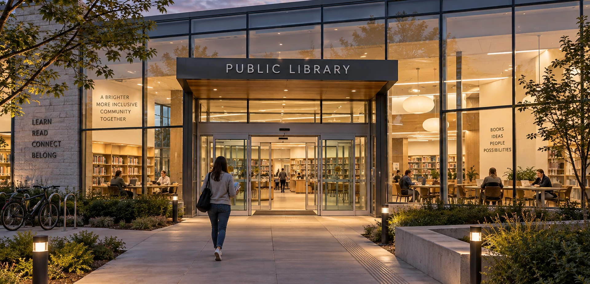 Reader approaching the glass entrance of a public library at dusk Reader approaching the glass entrance of a public library at dusk